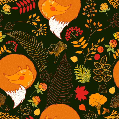 熟睡的小狐狸、森林浆果、蘑菇、松果和树叶在暗色背景上